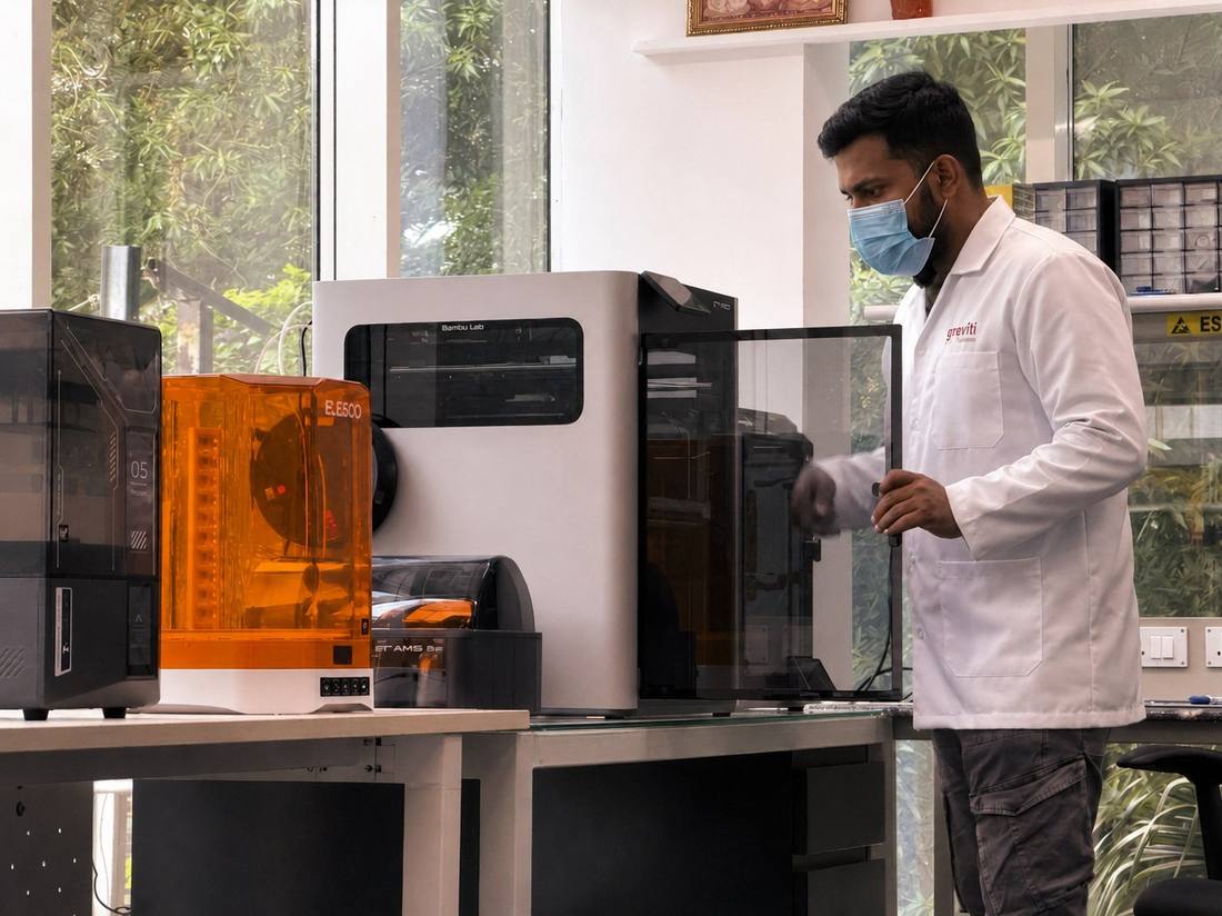 An engineer in a lab coat and respirator working at a bank of 3D printers in the Plazma hardware lab.